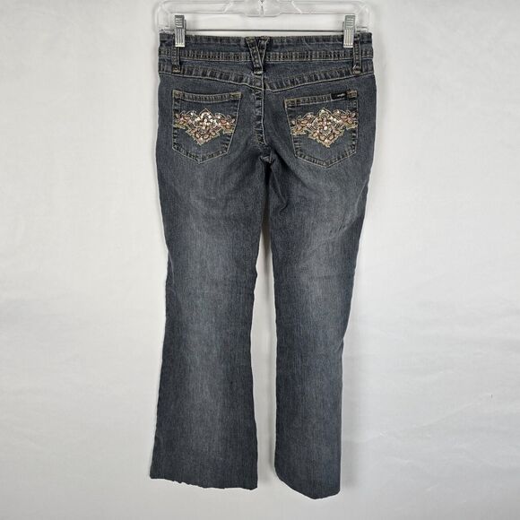 Angels Jeans Juniors 3 Blue Flare Raw Hem Ankle Embordered Sequin Bejeweled - Picture 7 of 16